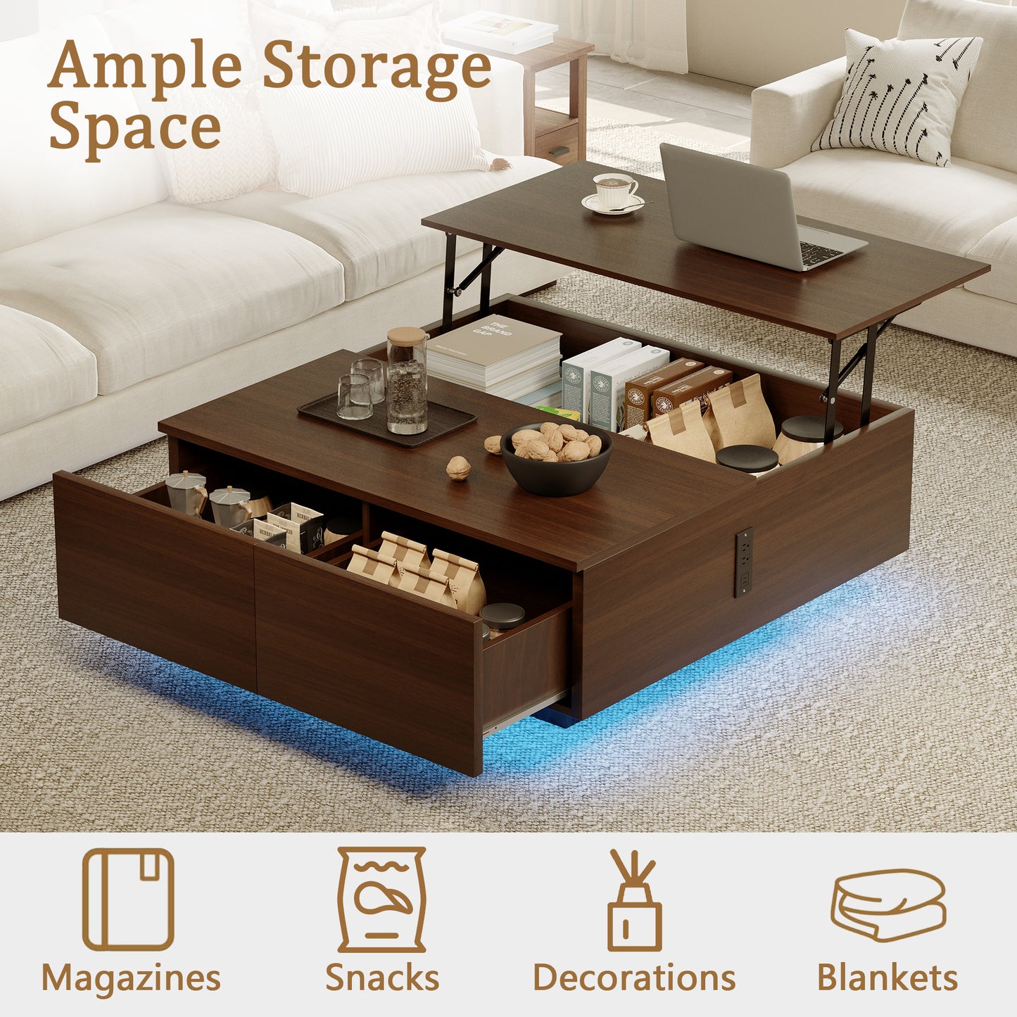 Pikvki Square Lift Top Coffee Table, 31.5" Wooden Coffee Table with 2 Drawers, LED Lights & Charging Station, Mid Century Modern Center Table for Living Room (Black)