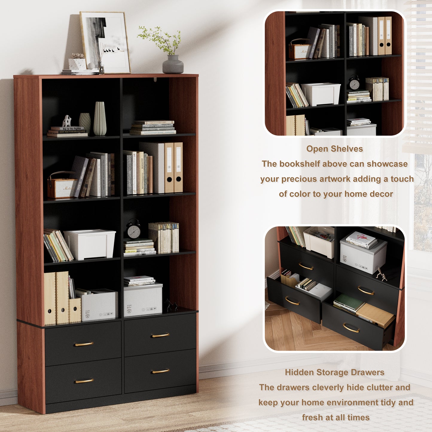 Pikvki 71" Tall Bookshelf with 4 Drawers, 6-Tier Double Wide Bookshelves and Bookcases with Storage for Home Office
