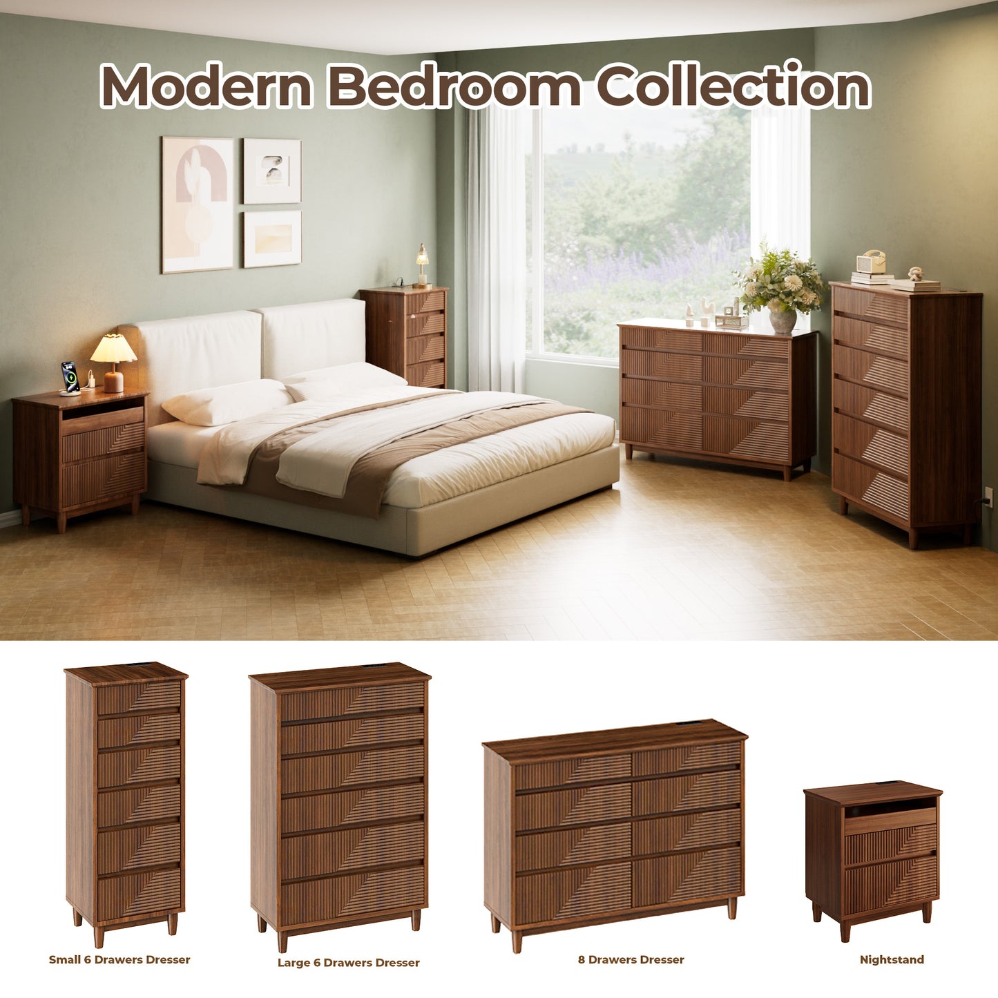 Pikvki Fluted 8 Drawer Dresser with Charging Station for Bedroom, 47.3" Modern Wide Chest of Drawers for Closet, Natural Oak
