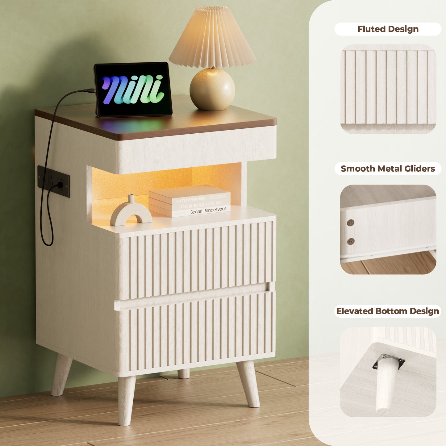 Pikvki Fluted Nightstand with Charging Station & LED Light, Modern End Table with 3 Storage Drawers and Pull-Out Tabletop for Bedroom, Living Room