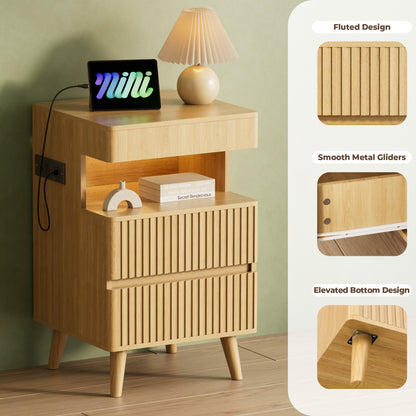 Pikvki Fluted Nightstand with Charging Station & LED Light, Modern End Table with 3 Storage Drawers and Pull-Out Tabletop for Bedroom, Living Room