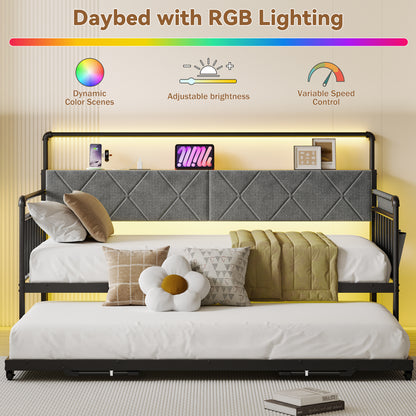 Pikvki Daybed with Charging Station & Side Pocket, Pop-upTrundle with Upholstered Storage Headboard, LED Light Sofa Bed for Living Room/Bedroom, Black