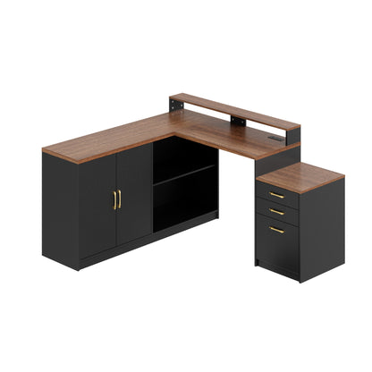 Pikvki L Shaped Computer Desk with Drawers, Office Desk with Power Outlets, Storage Cabinet and Long Monitor Stand for Home Office
