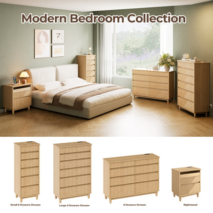 Pikvki Fluted 8 Drawer Dresser with Charging Station for Bedroom, 47.3" Modern Wide Chest of Drawers for Closet, Natural Oak