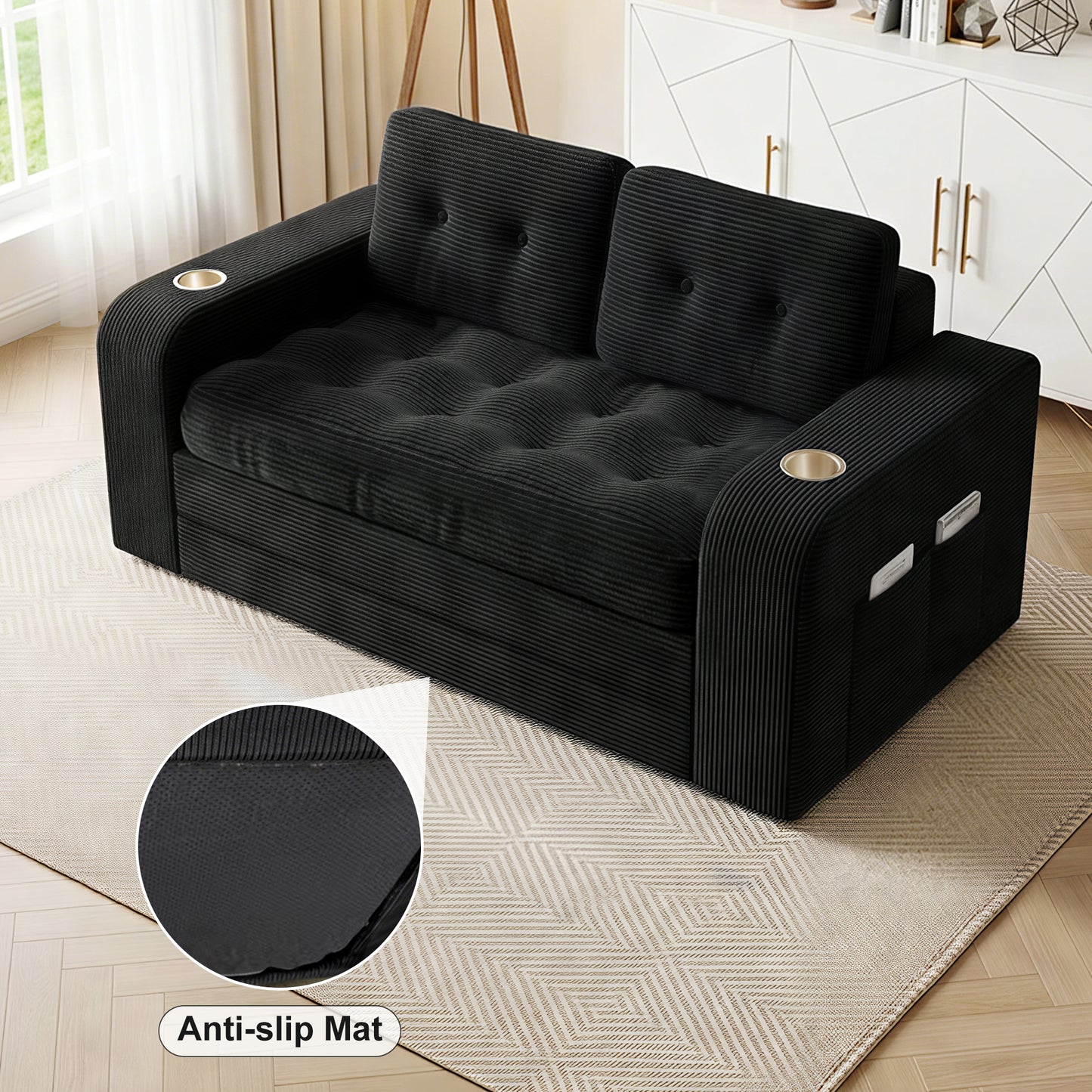 Pikvki 2 in 1 Convertible Sofa Bed with Side Pocket & Cup Holder, Corduroy Pull Out Loveseat Sleeper Sofa with Pillows for Living Room, Bedroom