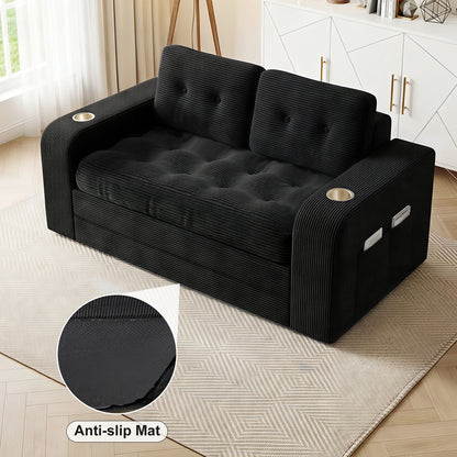 Pikvki 2 in 1 Convertible Sofa Bed with Side Pocket & Cup Holder, Corduroy Pull Out Loveseat Sleeper Sofa with Pillows for Living Room, Bedroom