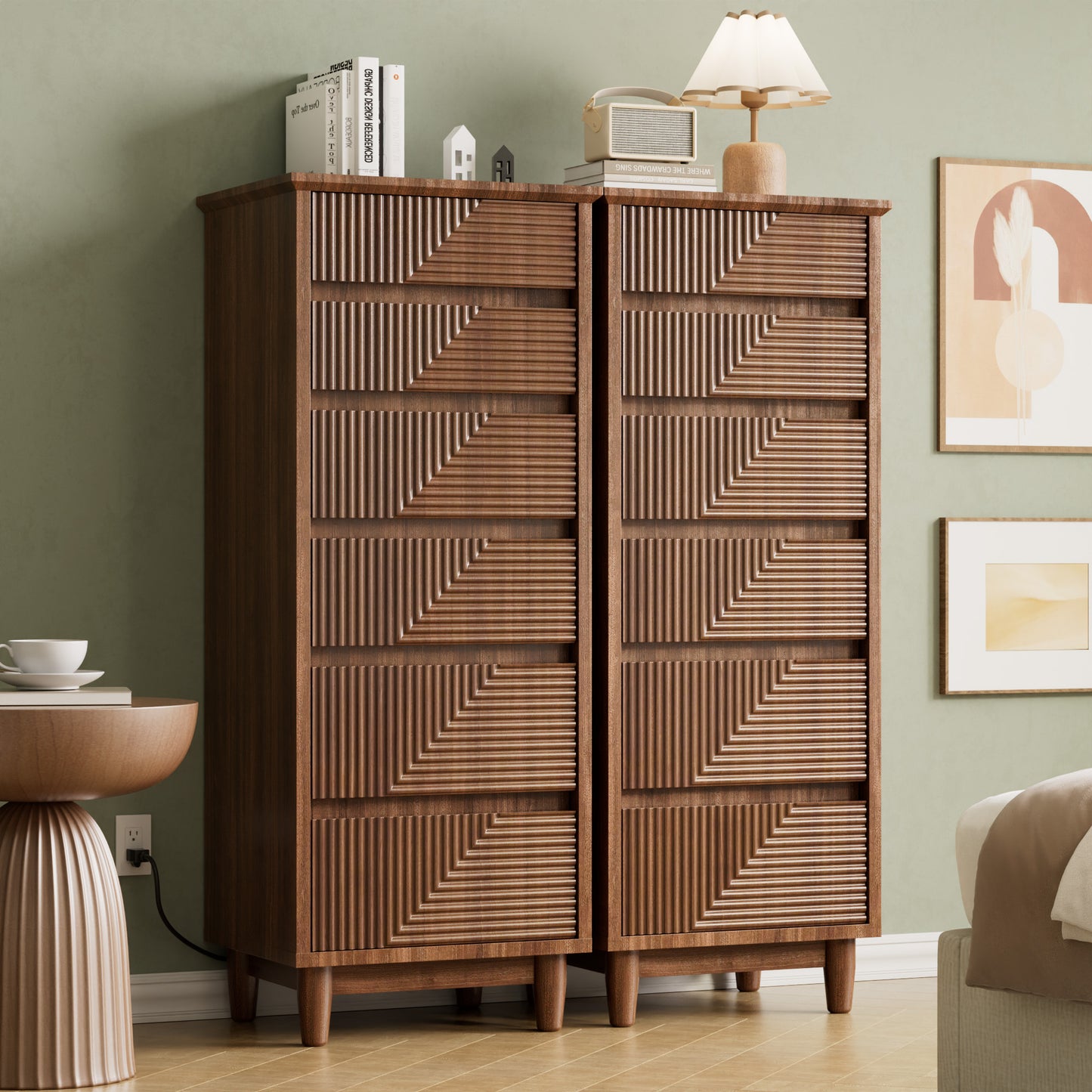 Pikvki Fluted 6 Drawer Dresser with Charging Station for Bedroom, 49" Modern Tall Narrow Chest of Drawers for Closet