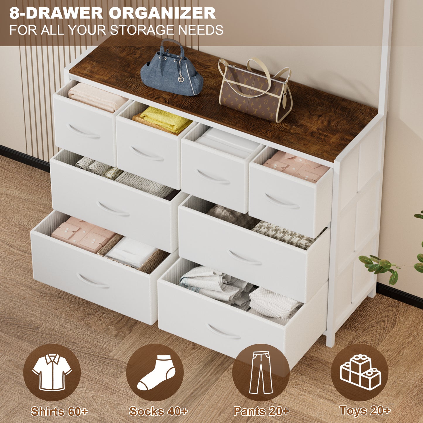 Pikvki 68.9" H Tall Dressers with 8 Drawers Dresser for Bedroom with Charging Station and 6 Hooks Fabric Dressers & Chests of Drawers with Open Shelves