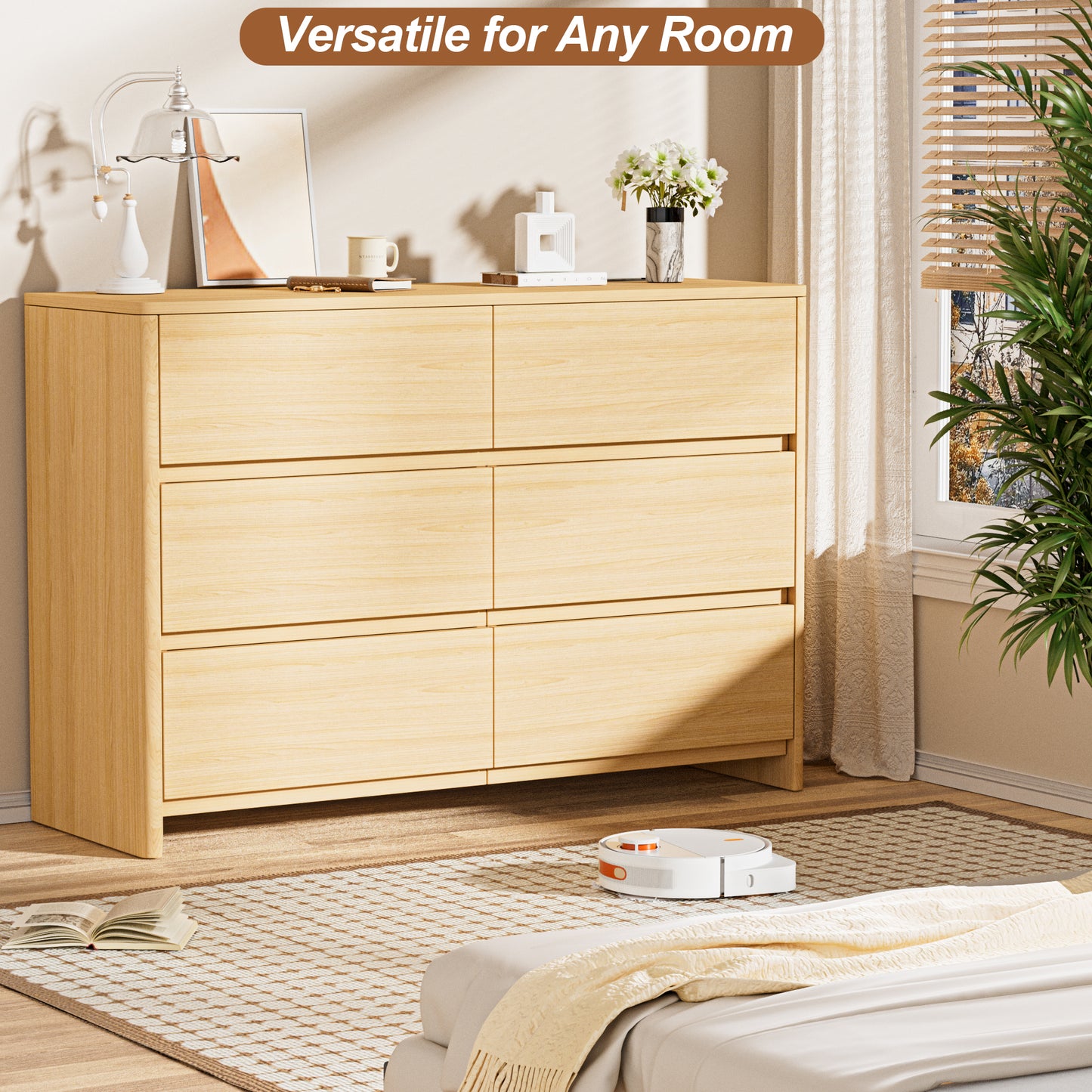 Pikvki 6-Drawer Double Dresser with Charging Station for Bedroom, Modern 47" Wide Chest of Drawers for Living Room